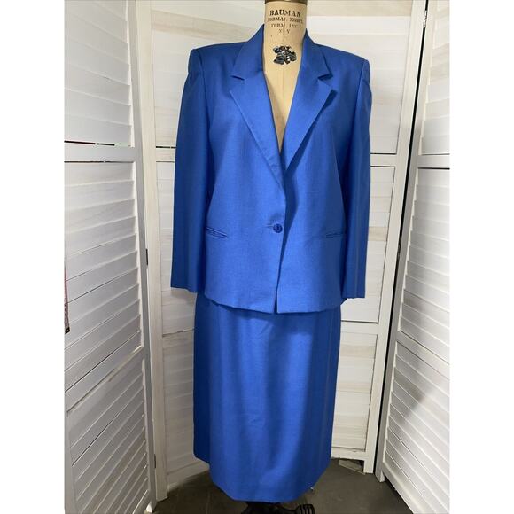 VIntage 70s 80s Blue Linen 2 Piece Pencil Skirt Suit Lined Sz Medium - Picture 1 of 12